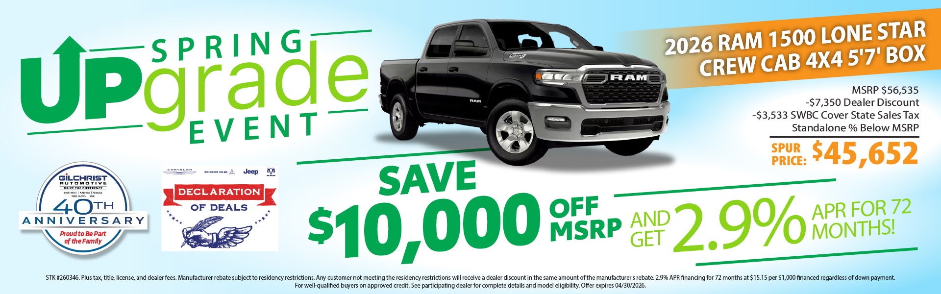 $10,000 OFF + 2.9% APR for 72 Months on the 2026 Ram 1500!