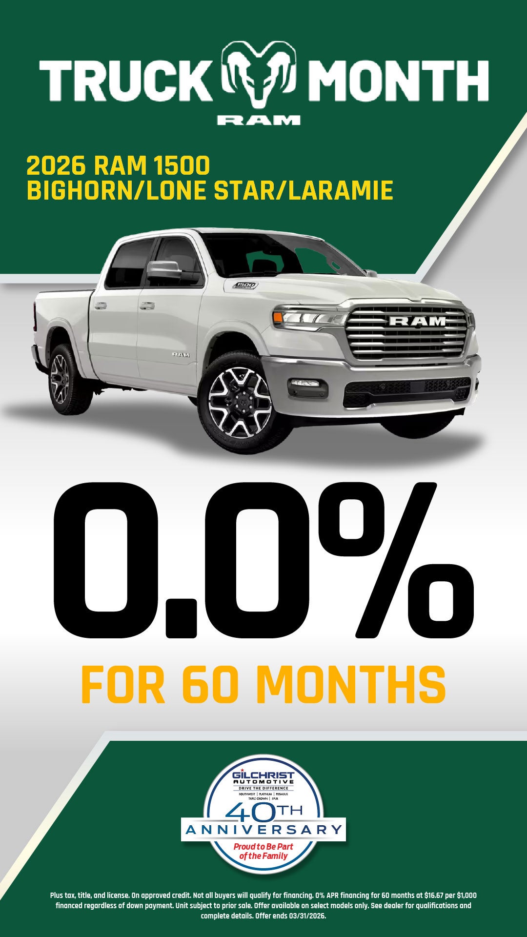 0% APR for 60 Months on 2026 Ram 1500!